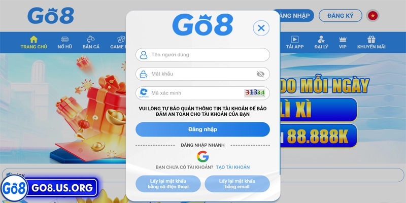 Hướng dẫn từng bước đăng nhập Go8